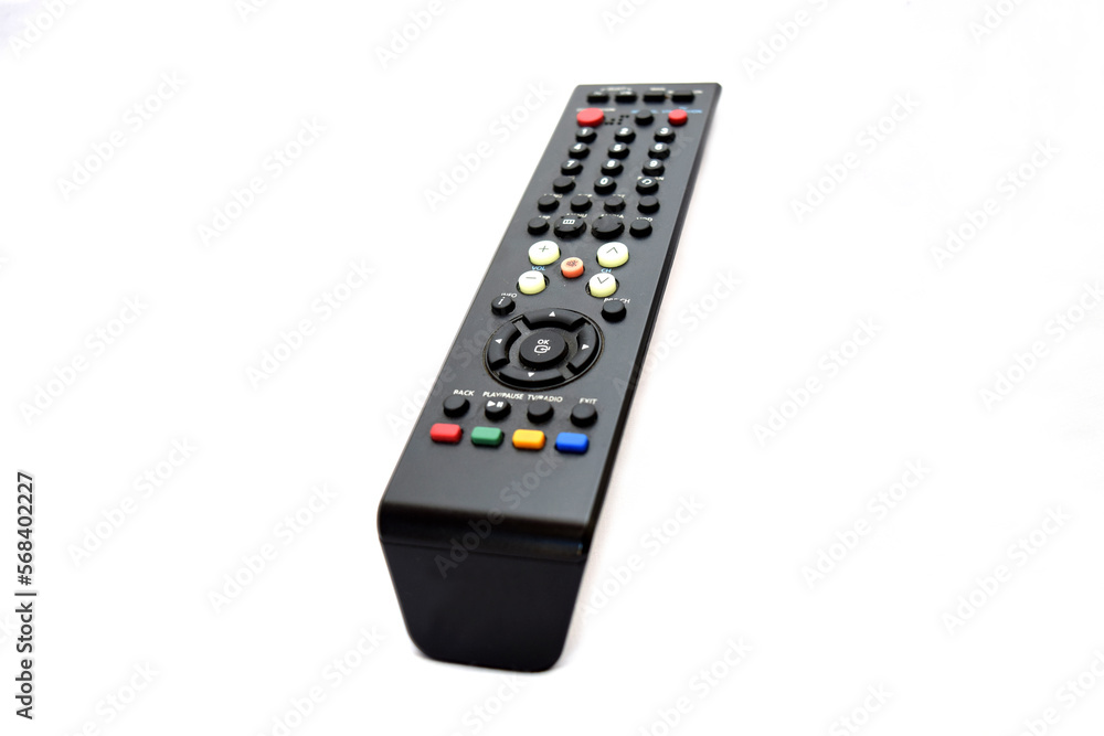 Black remote control for tv on a white background Black remote control for tv on a white background