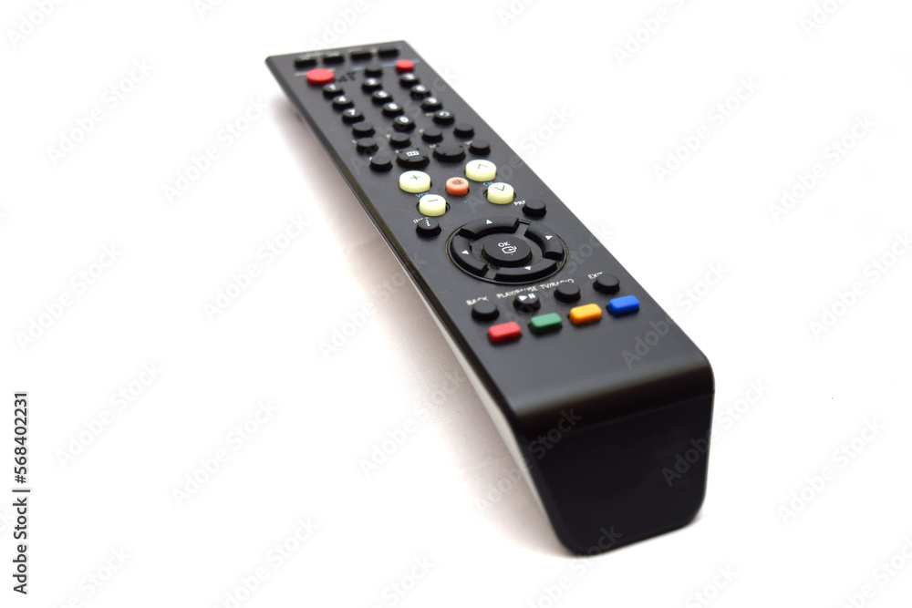 Black remote control for tv on a white background Black remote control for tv on a white background