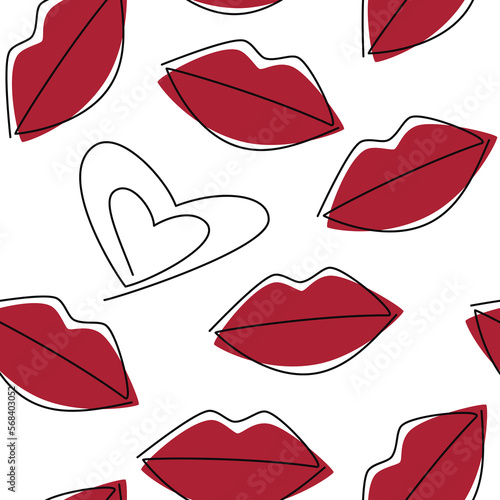 Red lips and outline heart seamless pattern vector. Continuous one line drawing illustration. Female hand drawn mouth icon. Wallpaper, background, fabric, print, wrapping paper, package design.