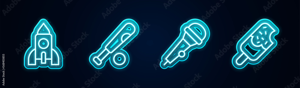 Set line Rocket ship toy, Baseball bat with ball, Microphone and Ice cream. Glowing neon icon. Vector Set line Rocket ship toy, Baseball bat with ball, Microphone and Ice cream. Glowing neon icon. Vector