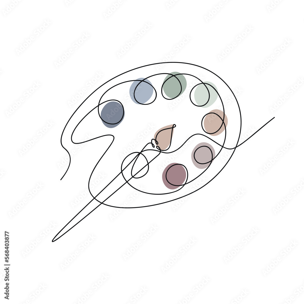 Artist palette with paints and brush vector one line continuous