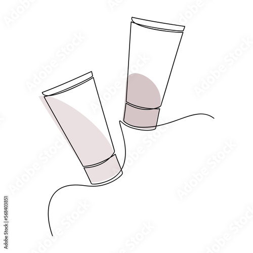 Cream tubes set. Cosmetic packaging vector. One line continuous drawing illustration. Hand drawn linear silhouette icon. Skin care product, body lotion, balm, gel, shampoo. Minimal design, logo, card.