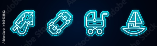 Set line Toy horse, Skateboard, Baby stroller and boat. Glowing neon icon. Vector