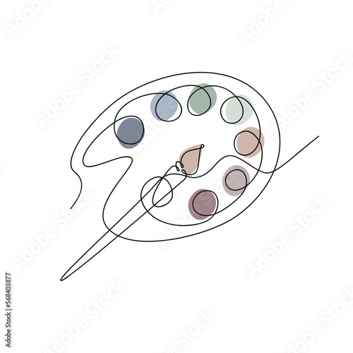 Awesome continuous line drawing of water color pallet and painting brush  minimalist design Stock Vector