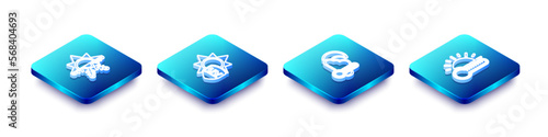 Set Isometric line Sun and snowflake, UV protection, Thermometer cloud, moon and with sun icon. Vector