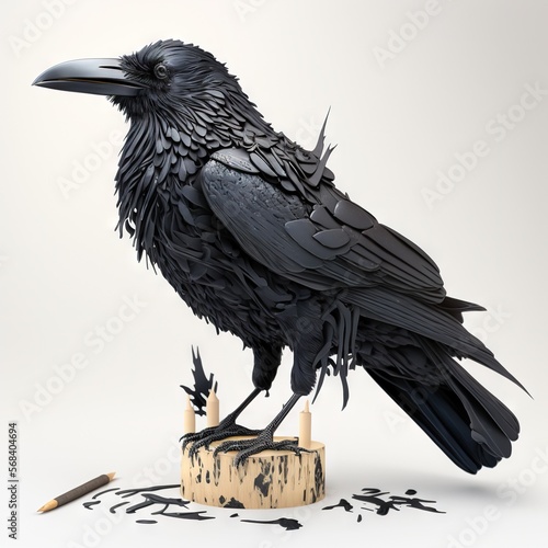  a black bird sitting on top of a wooden stump next to a pencil and ink drawing on a white background with a shadow of it.  generative ai photo