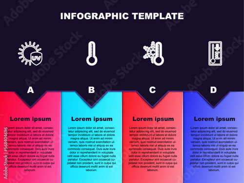 Set line UV protection, Meteorology thermometer, Thermometer with snowflake and . Business infographic template. Vector