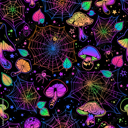 Seamless vector pattern of colorful mushrooms and cobwebs