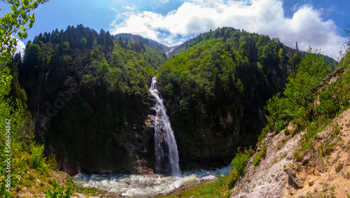 Ayder Plateau Foggy Forest And Natural Waterfall (turkish; Gelintulu Waterfall) From Rize - Turkey photo