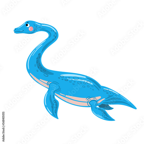 Vector dinosaur illustration. Blue elasmosaurus. Swimming dinosaur, plesiosaurus. 