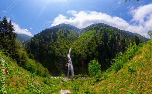 Ayder Plateau Foggy Forest And Natural Waterfall (turkish; Gelintulu Waterfall) From Rize - Turkey photo