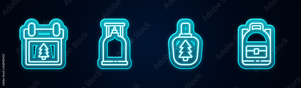 Set line Calendar with tree, Camping gas stove, Canteen water bottle and Hiking backpack. Glowing neon icon. Vector Set line Calendar with tree, Camping gas stove, Canteen water bottle and Hiking backpack. Glowing neon icon. Vector