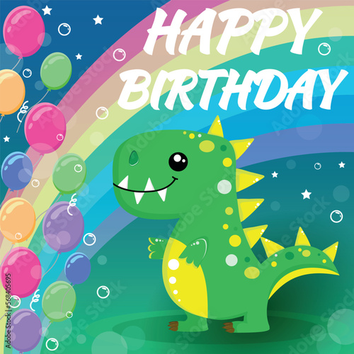 A wishing card for Happy Birthday with cartoon dinosaur and balloons, vector illustration 