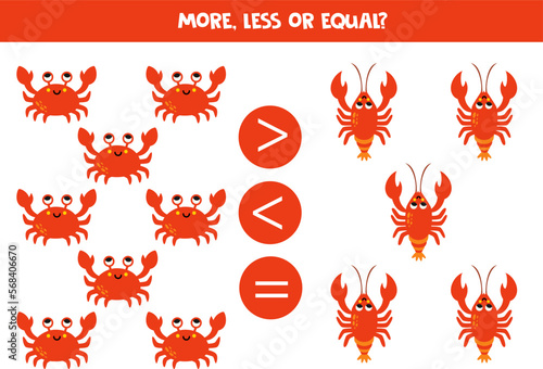 More, less or equal with cartoon crabs and lobsters.