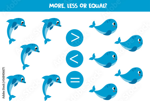 More, less or equal with cartoon dolphins and whales.