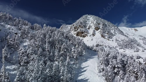 Snowy peak of Gra de Fajol mountain in Vallter in winter season. Aerial view of snowy mountains and forest with alpine trees covered with snow. Setcases, Ripollés, Girona Pyrenees, Catalonia.