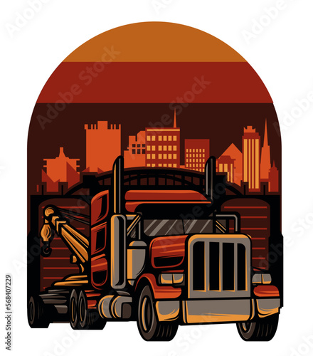 Large Tow truck towing car around city illustration
