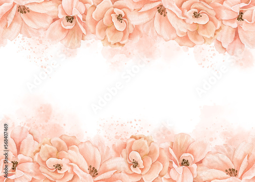 Watercolor Border with Rose Flowers. Hand drawn Seamless Pattern for Frame or banner. Floral illustration on isolated background for wedding invitations or greeting cards. Sketch in pink colors.