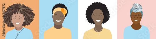 Set of happy smiling African women characters with diverse ethnic or traditional hairstyle in square frames. Cheerful black female avatar or user portraits collection. Flat style vector illustration.