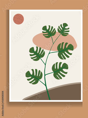 Topical leaves abstract art background vector. Wall art design with earth tone and watercolor brush texture.