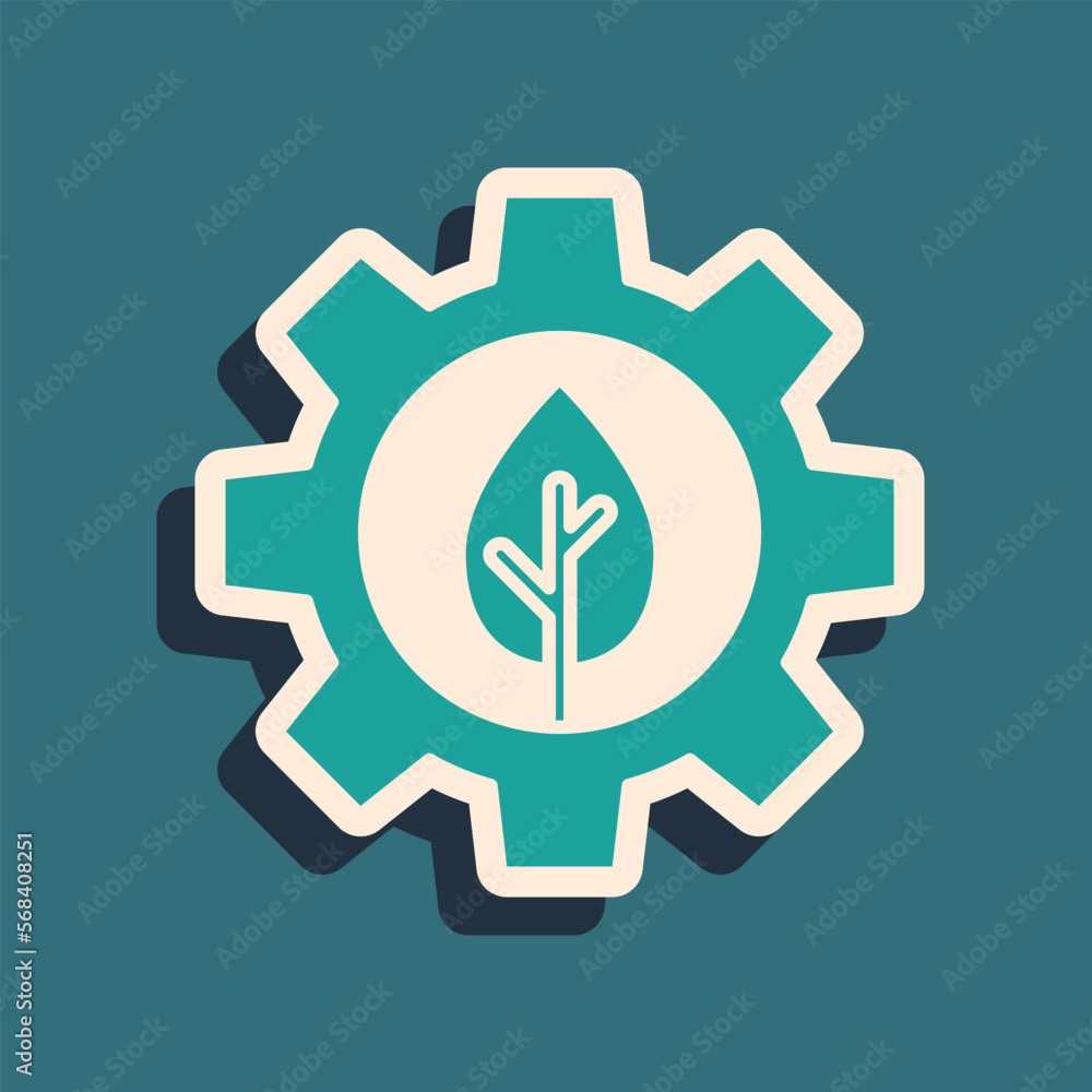Green Leaf plant ecology in gear machine icon isolated on green background. Eco friendly technology. World Environment day label. Long shadow style. Vector Green Leaf plant ecology in gear machine icon isolated on green background. Eco friendly technology. World Environment day label. Long shadow style. Vector