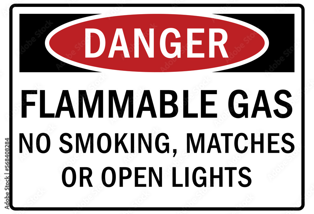 Fototapeta premium Flammable gas warning sign and labels no smoking, matches or open flame