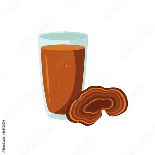 Reishi mushroom. Tincture, decoction in a glass. Vector in the flat style.