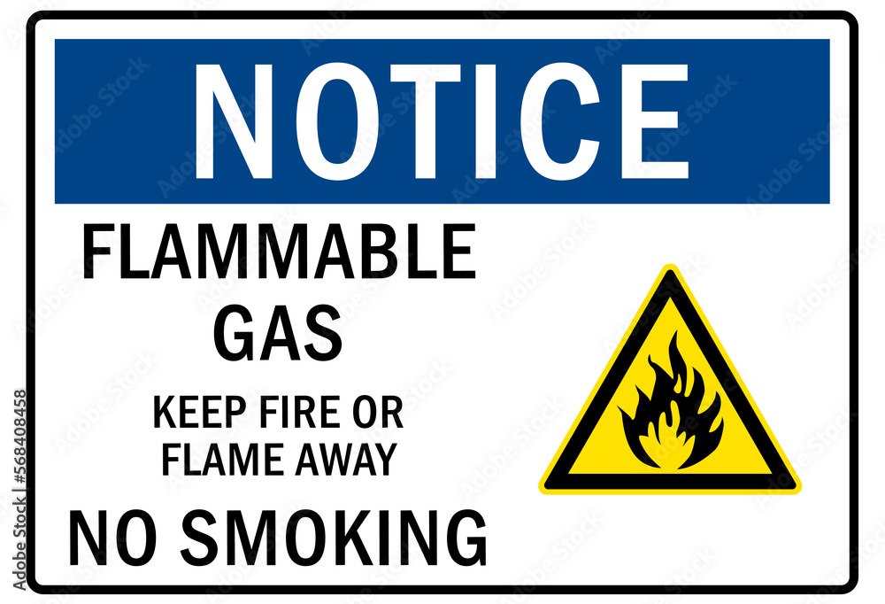 Flammable gas warning sign and labels keep fire or flame away, no smoking Flammable gas warning sign and labels keep fire or flame away, no smoking