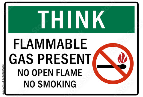 Flammable gas warning sign and labels flammable gas present no open flame, no smoking