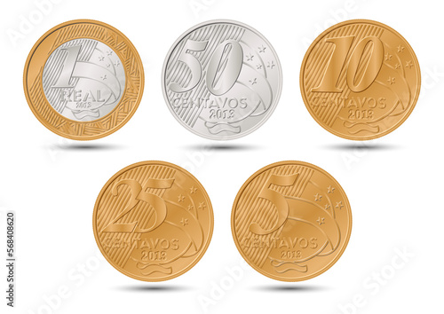 Brazilian coins set. Real and cents coins. Reverse on white background.