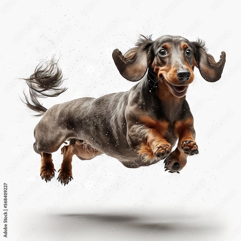 a dachshund jumping in the air with its front legs spread out and it's