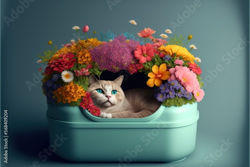 Cat litter box filled with flowers, concept of Cleaning Reimagined and Blooming Aesthetics, created with Generative AI technology