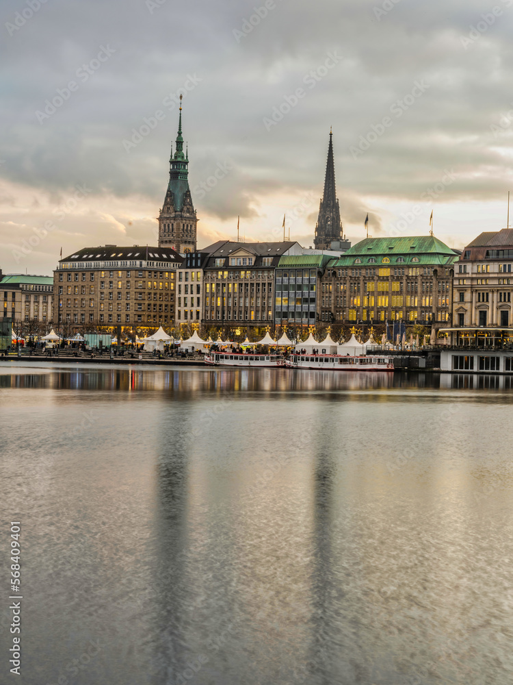 Hamburg city buildings on Binnenalster lake during christmas, Germany