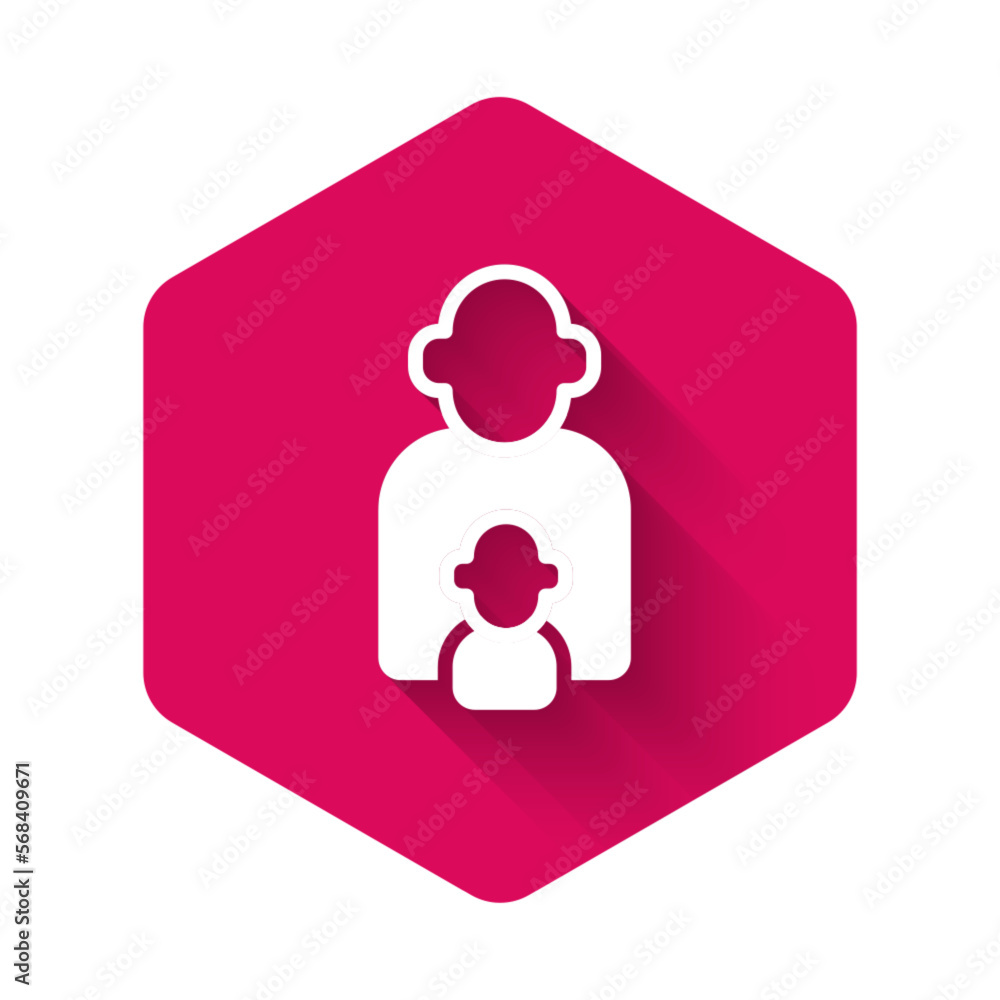 White Taking care of children icon isolated with long shadow background. Pink hexagon button. Vector White Taking care of children icon isolated with long shadow background. Pink hexagon button. Vector