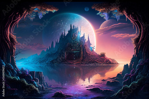 Magical Fantasy Landscape, colorful desktop, background or wallpaper, post-processed generative ai