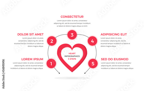 Infographic template with heart with five elements for numbers and text