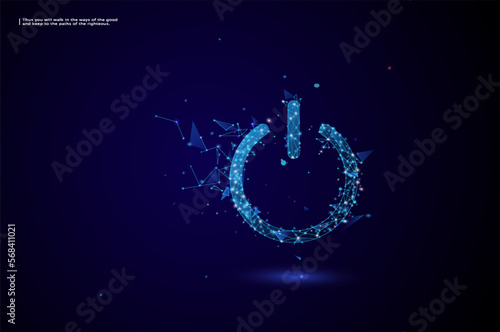 Abstract power button. Low poly style design. Geometric background. Wireframe light connection structure. Modern 3d graphic. Vector illustration.