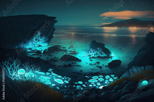 Fantastically beautiful unreal landscapes with neon glow. Generative AI.