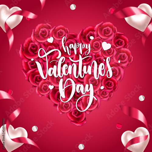 Valentines day background with hearts icon pattern and happy valentines day text on a red background.