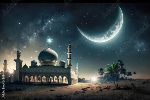 Ramadan Kareem Poster with Mosque, crescent moon, and starry night Illustration. Muslim and Islamic festive celebration. Hari Raya Aidilfitri and Eid Mubarak Celebration concept. photo