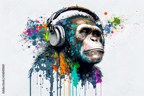 Cool monkey with headphones listening and enjoy music. colorful splash paints art. generated sketch art. Music and entertainment concept. 