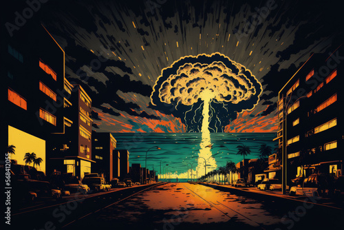 Nighttime nuclear explosion in a city along the ocean. Generative AI