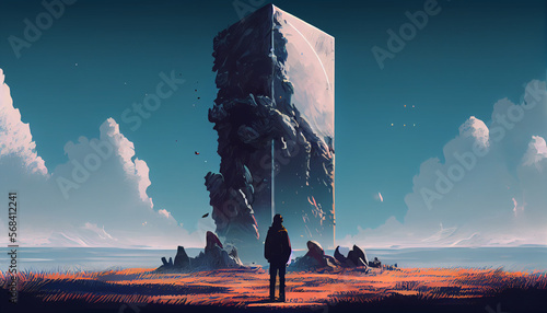 A man looking at the monolith digital art photo