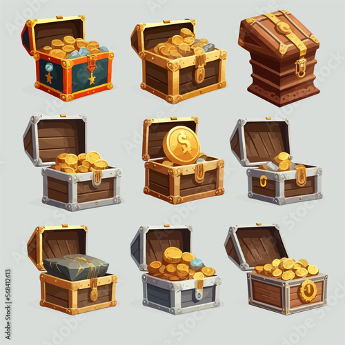 Treasure chests with gold, silver and bronze coins . Isolated on background. Vector illustration