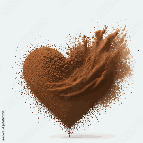 Chocolate or coffee powder burst, splash, explosion brown dust clouds abstract and heart shape. Isolated on background. Vector illustration