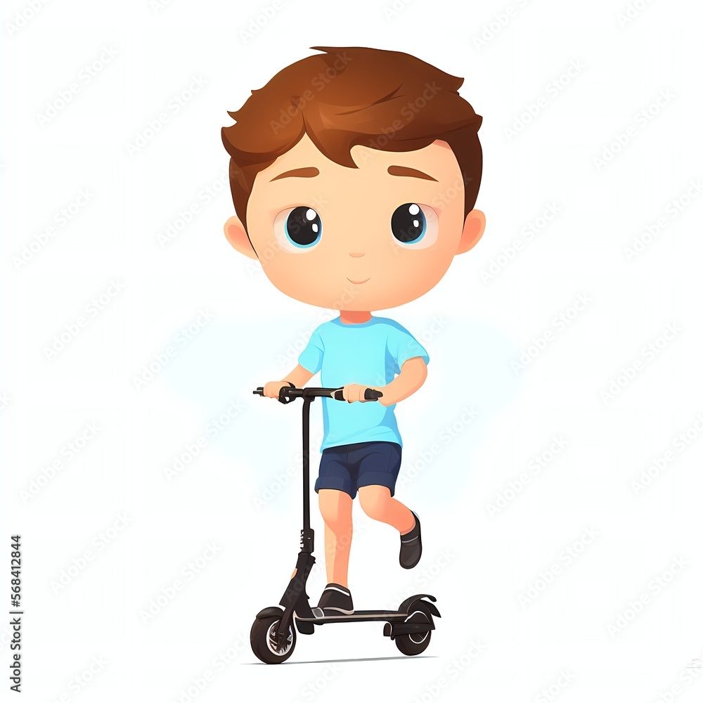 a cute cartoon character boy rides a scooter on a white background and blue t-shirt, digital painting. AI a cute cartoon character boy rides a scooter on a white background and blue t-shirt, digital painting. AI
