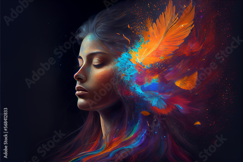 Fantasy woman portrait. Young woman muse with creative body art and hairdo . High quality Ai generated illustration. 