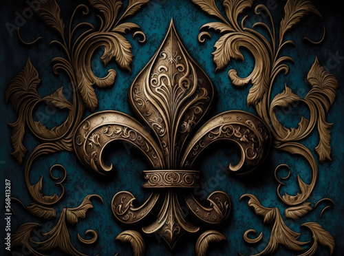 A bronze color Fleur-De-Lis emblem and foliage ornament on a blue background. Created with Generative AI.