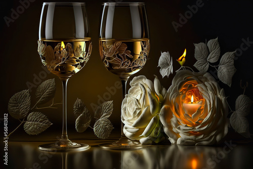 two glasses of white wine with lit up candle nearby and white rose under it photo