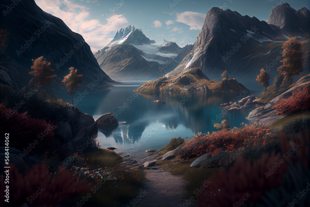 lake in the mountains digital art illustration